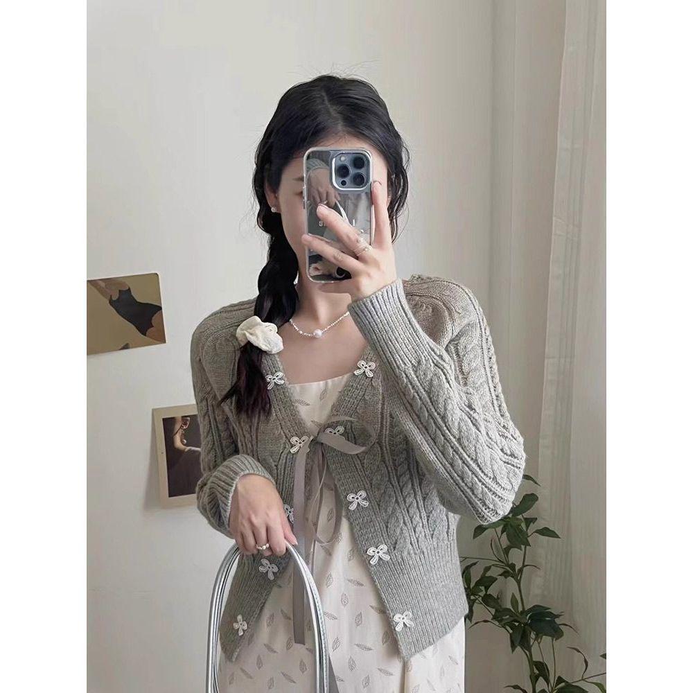 Korean-Style Women's Autumn Knit Cardigan with Tie Design
