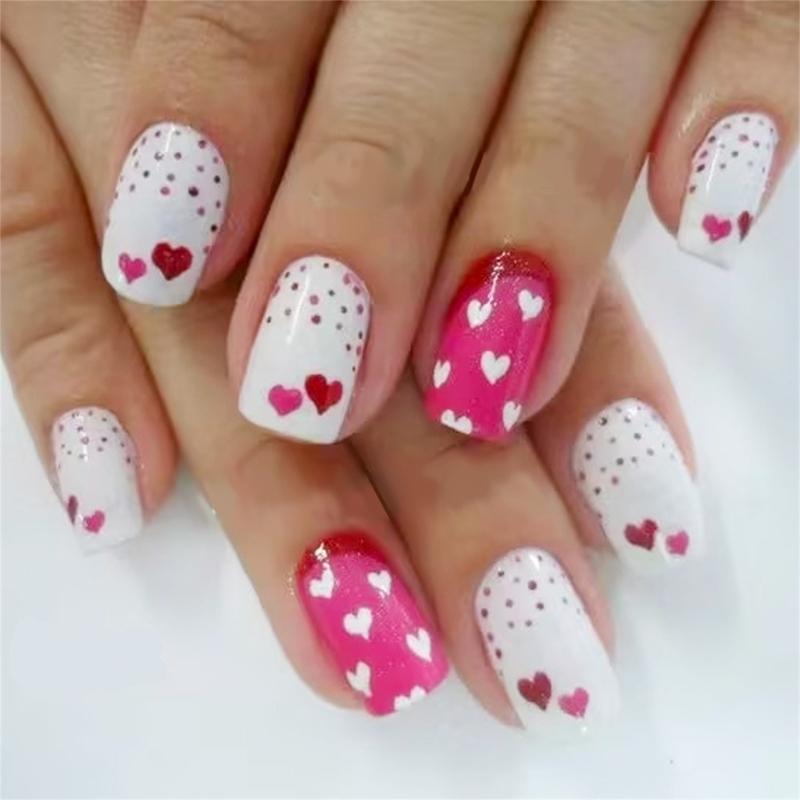 

24 Pcs Heart Polker Dots Stick on Nail Valentines Day False Nail Lovely Press On Nail Short Square Artificial Nail 1