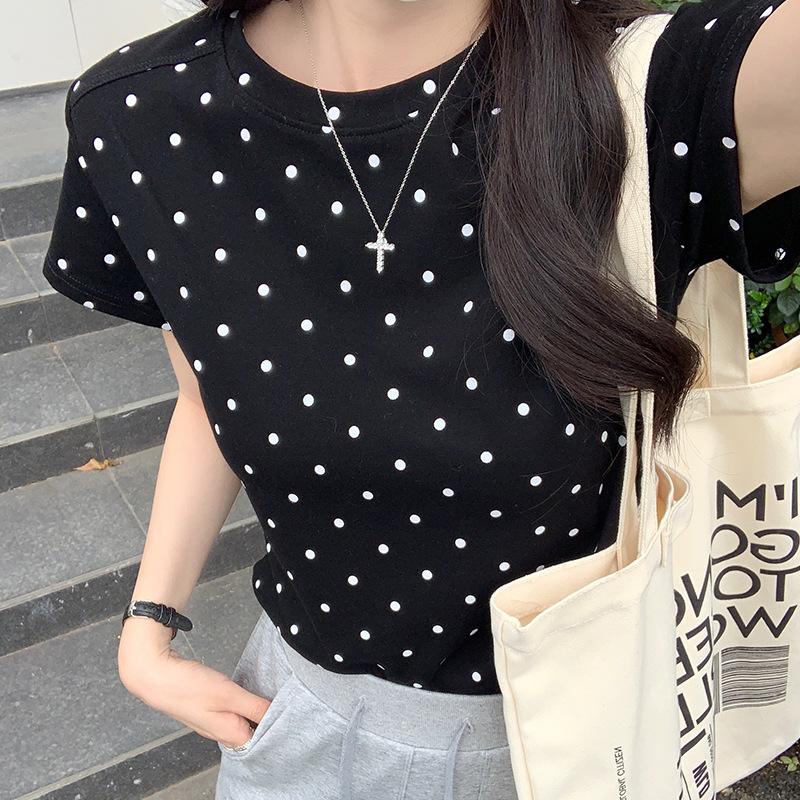 Polka Dot Short-sleeved T-shirt for Women's Summer New Design Slim Round Neck Straight Shoulder Slim Short Top