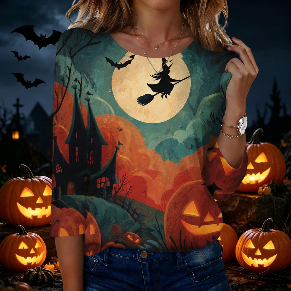 Women's Casual Halloween Print Round Neck Three Quarter Sleeve T Shirt Top Lightweight Comfortable Fit Seasonal Design