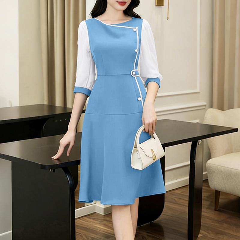 ZANZEA Women Casual Round Neck Splice 3/4 Sleeve Elegant Dress S синий