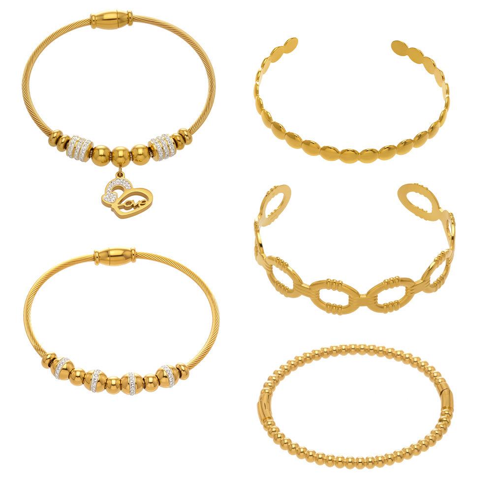 18K Gold-Plated Stainless Steel Geometric Zircon Bracelet Set - European & American Style, Personalized High-Texture Design.