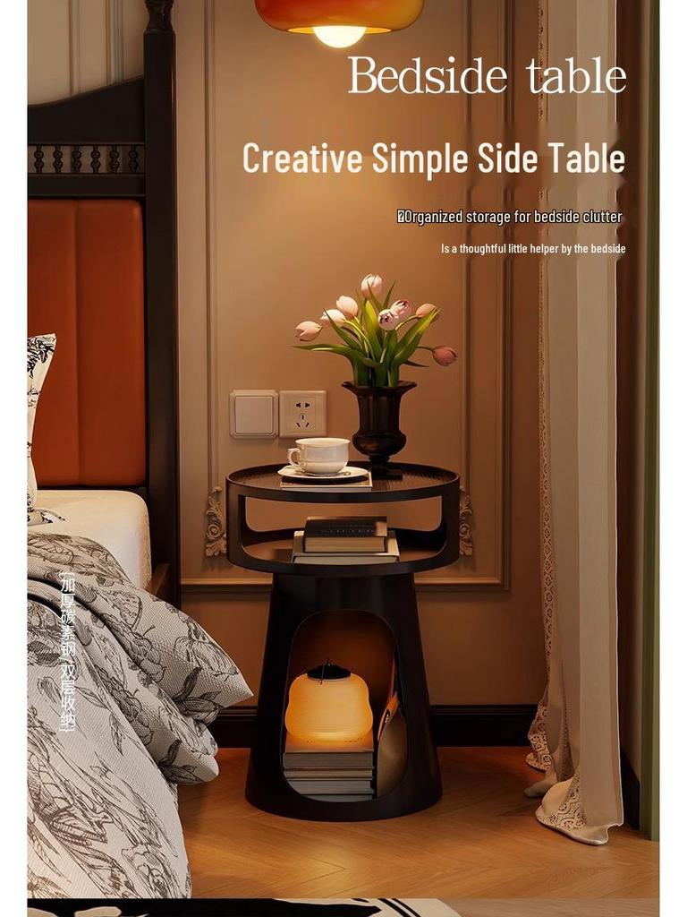 Nordic Retro Bedside Table: Simple Bedroom Nightstand with Metal Shelf, Small Space Sofa Side Table, Pet Bed Option for Cats and Dogs.