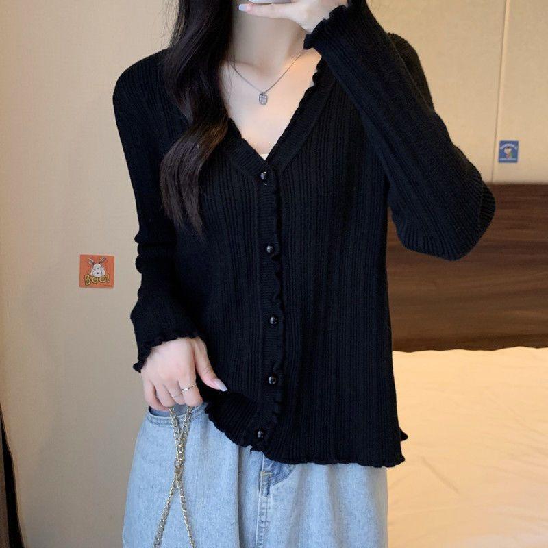 

Women s Edge Design Long-sleeved T-shirt Autumn New Inner Layering Shirt V-neck Top L чёрный
