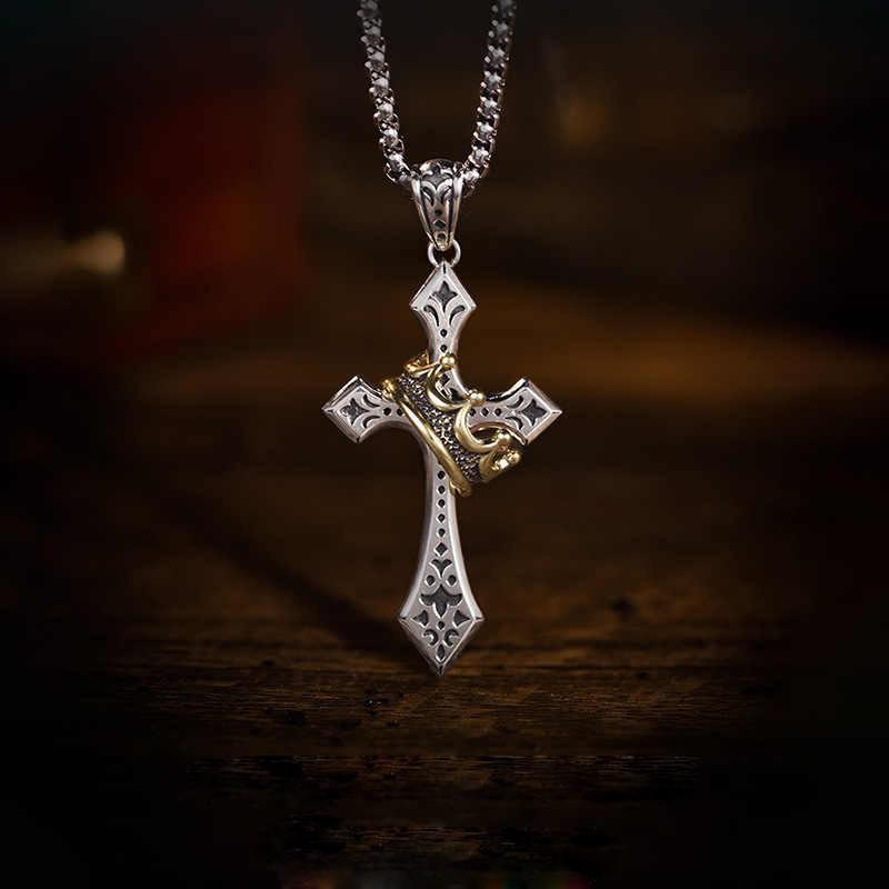 Men s Trendy Retro Crown Cross Necklace - Thai Silver Pendant