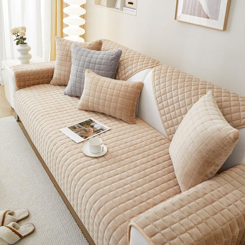 Plyšová kostkovaná pohovka Polštář Neklouzavý zesílený Univerzální potah na pohovku do obývacího pokoje zesílený teplý pohovka zadní kryt područky ručník