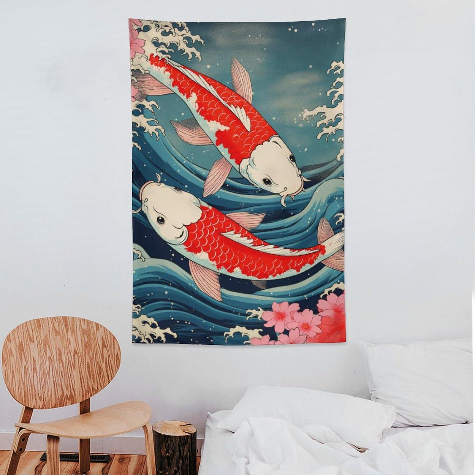 VIKAMA Ukiyoe Koi Fish Wave Tapestry Japanese Style Healing Wall Hanging for Bedroom Entryway Homestay Decor 74x94cm(29x37in)
