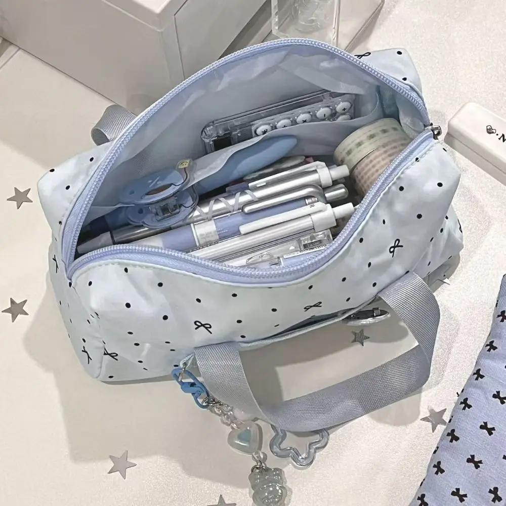 Portable Blue Polka Dot Pencil Case Multi-functional Bow Pattern Stationery Bag Large-capacity Stationery Pouch Students Gift