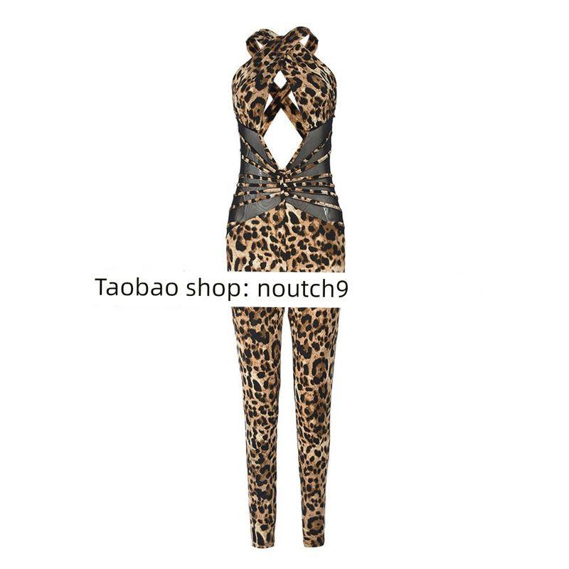 

2025 Сетчатый пэчворк Леопардовый принт С открытой спиной Сексуальный комбинезон Leopard S