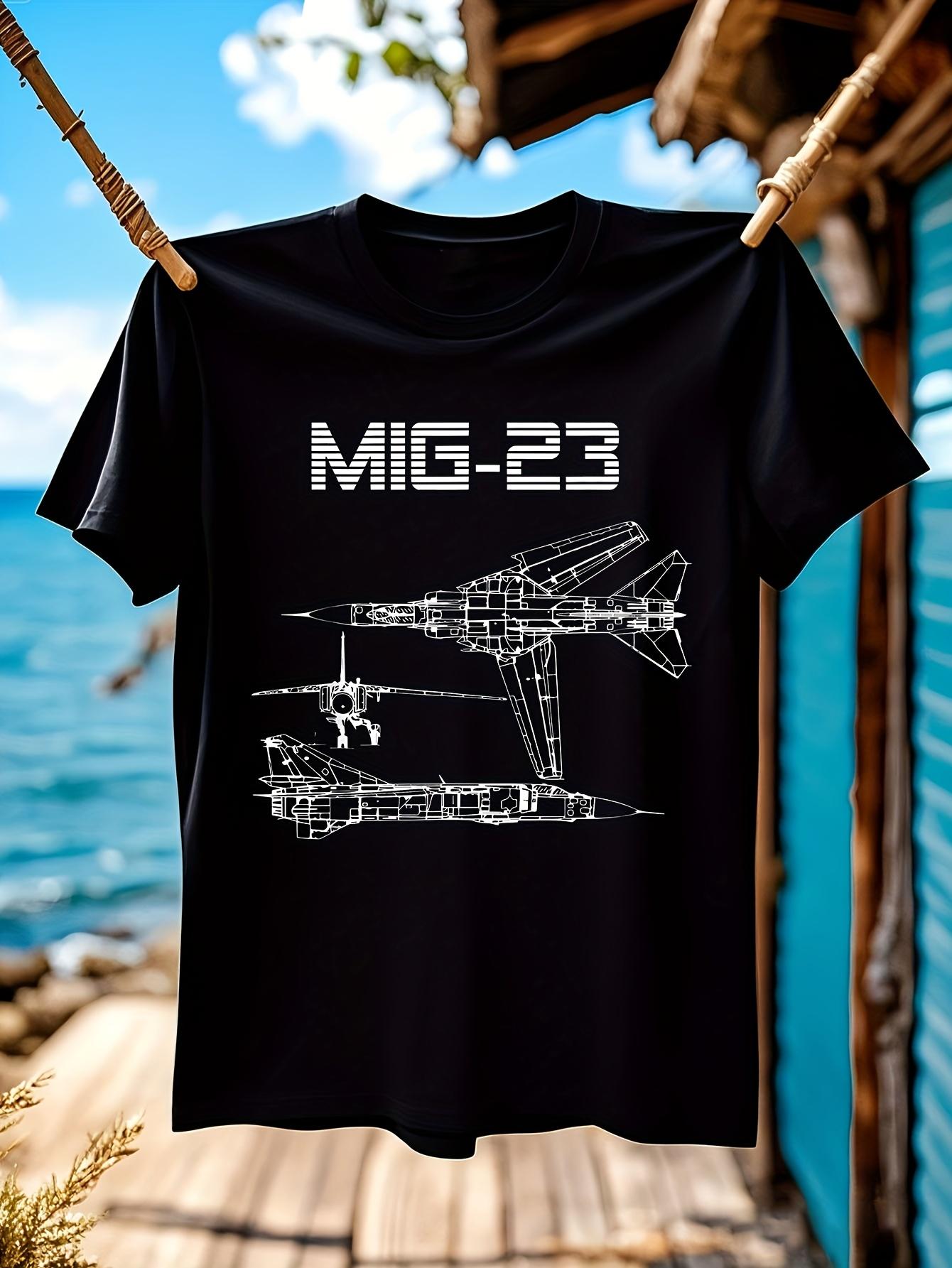 Short Sleeve Casual Summer with Mig-23 Soviet Plane Warbird Blueprint Schematics Design T-shirt M