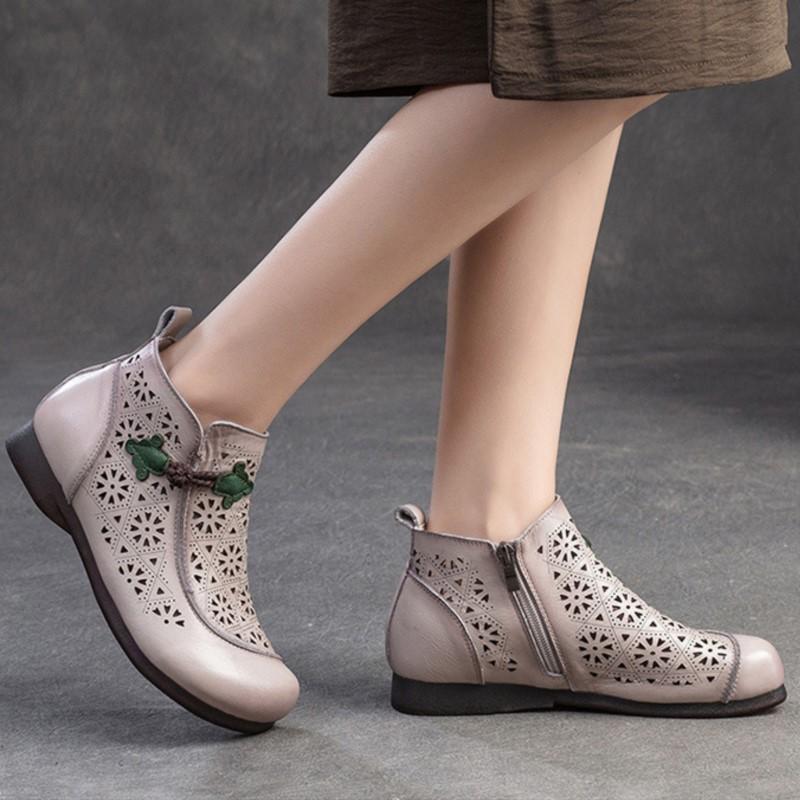 Johnature Prodyšné vyřezávané boty Letní pravá kůže Retro kulatá špička Dámské ploché sandály