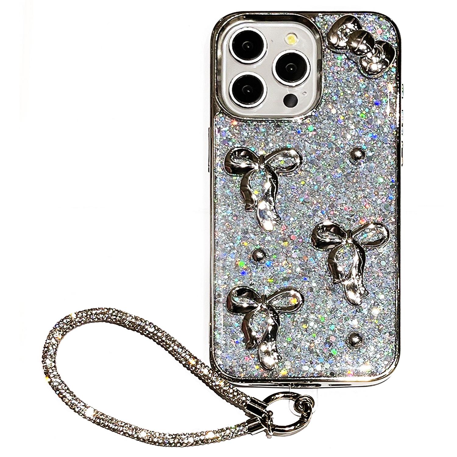 

For iPhone 16 Case Electroplated Bowknot Glitter Epoxy Phone Back Cover with Strap A