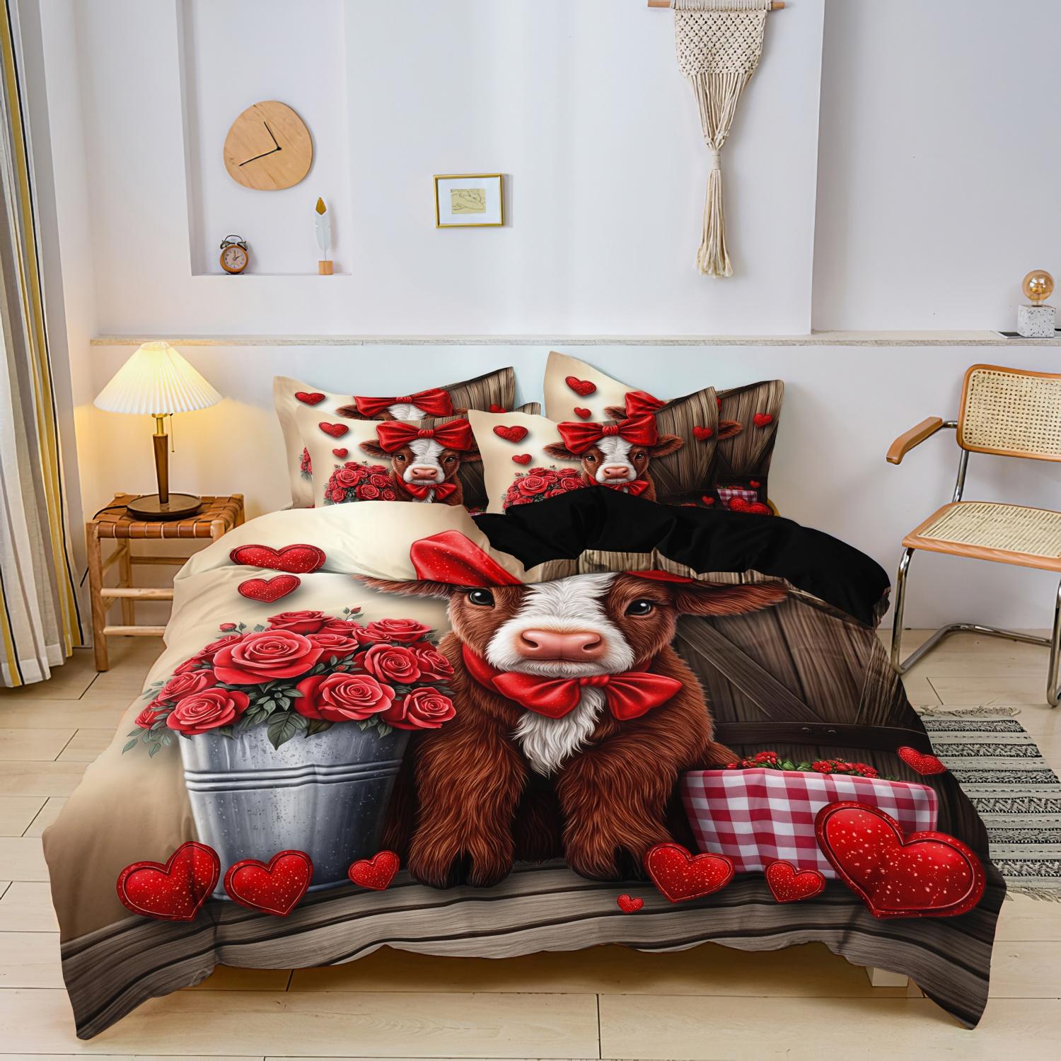 3pcs Valentine s Day Rose Bow Heart,Cattle Animal Printing Bedding Duvet Cover Set Room 2D Cartoon Flat Printing Festival Gif -135x200cm&set