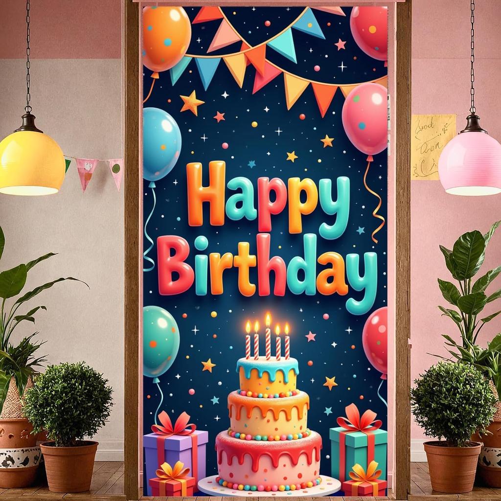 Colorful Happy Birthday Party Door Cover Banners Sign Decorations Birthday Backdrop Background with Cake Balloon Gift for Bday Party Decor Supplies