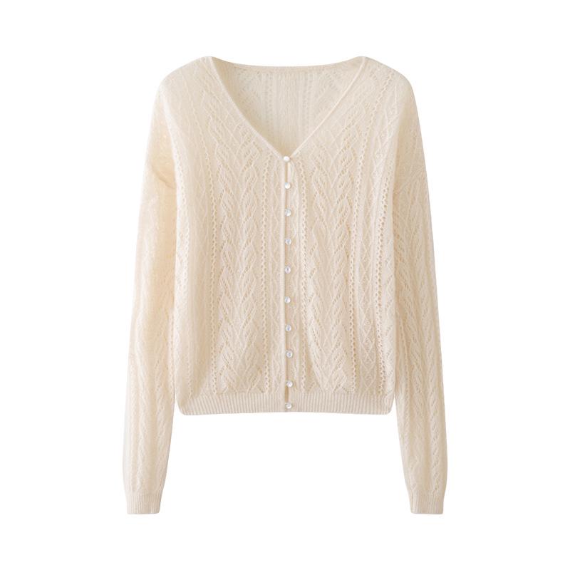 Women's Cashmere Silk V-Neck Hollow Out Cardigan Sweater Cover-Up