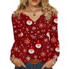 Women's Fashionable Casual V-neck Blouse Button Christmas Printed Long-sleeved Pullover T-shirt Top