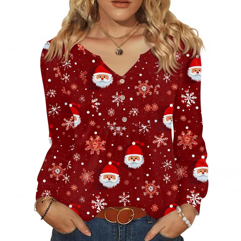 Women's Fashionable Casual V-neck Blouse Button Christmas Printed Long-sleeved Pullover T-shirt Top