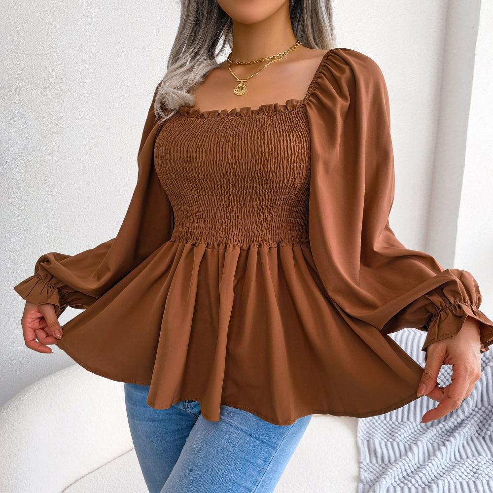 Women Spring Summer Square Neck Solid Color Long Sleeve Chiffon Shirt Wooden Ears Tops
