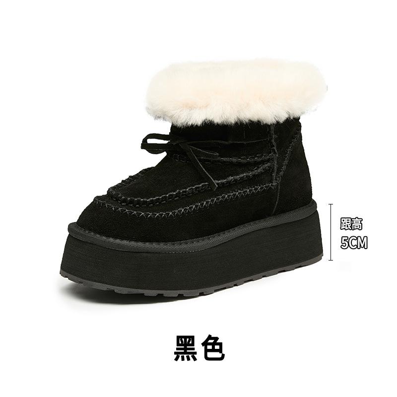 Thick-soled Inner Height-increasing Snow Boots for Women's New Winter Velvet Thickened Short Leather Wool Snow Cotton Shoes for Women