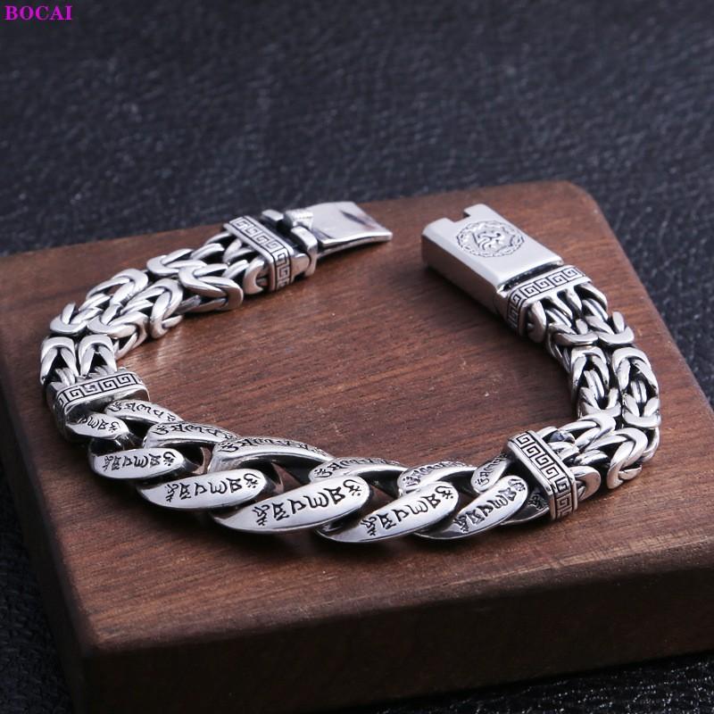 100 % S925 Sterling Silber Armbänder Buddhismus Sechs Zeichen Wahrheit Flache Thai Silber Hand Kette Reines Argentum Herren Armreif