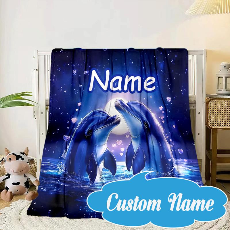 Custom Name Dolphins Starry Night Blanket bed sofa Blanket Flannel Blanket for Camping, Hiking, Picnic Essentials,gift for Fan family
