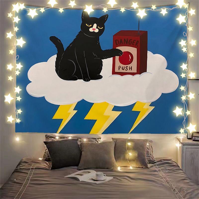 Black Cat Cartoon Anime Tapestry Light Luxury Wall Decor INS Style Bedroom Headboard Background Cloth