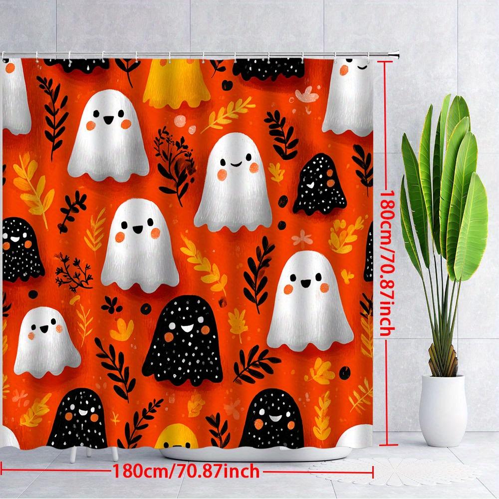 1Pc Halloween Ghost Leaf Shower Curtain - Orange Background And Yellow Leaves, Polyester Fabric, Machine Washable