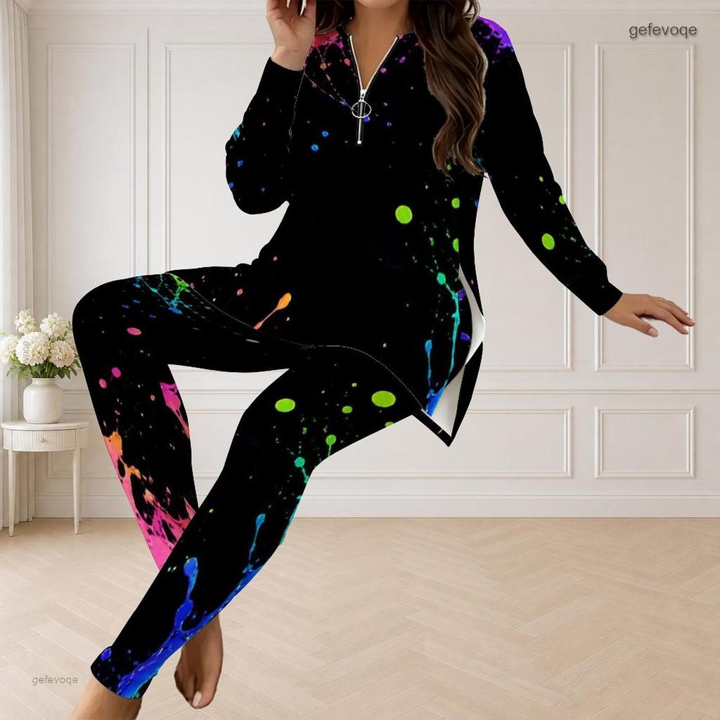 Women Plus Size Two Piece Set Half Zip Long Sleeve Galaxy Printed Top And Fitted Pants