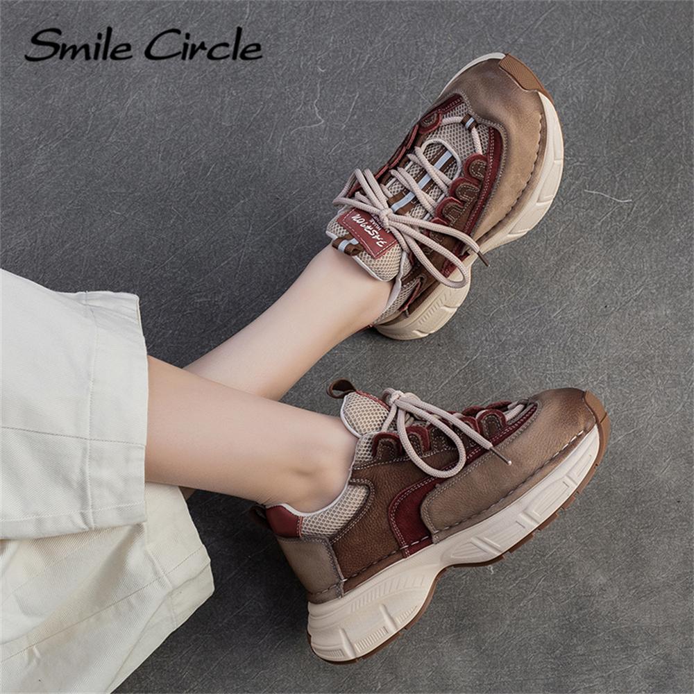 Damen Sneakers aus echtem Leder mit runder Zehenpartie und zunehmender Höhe, modische Freizeitschuhe mit dicker Sohle