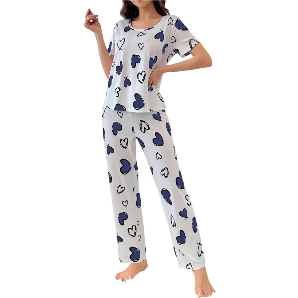 Women's Sleepwear, Short Sleeved Pants, Comfortable Heart Printed Casual Home Suit Set, Sleepwear Suitable For Women To Wear Outside