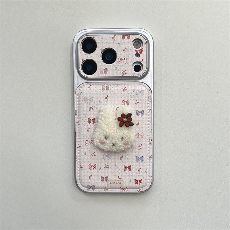 

New 2026 Kawaii Cute Fabric 3D Plush Bunny Phone Case For iPhone 17 16 15 14 Pro Max with Bow Print and Wrist Strap Cover For iPhone 14