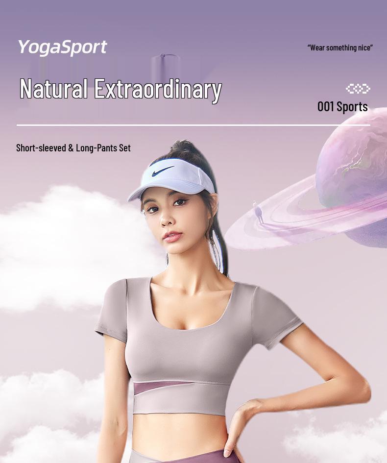 Women's Patchwork Color Block Fitness Set – Cropped Short Sleeve Top & High Waist Hip Lift Sports Pants for Spring/Summer Running & Workouts