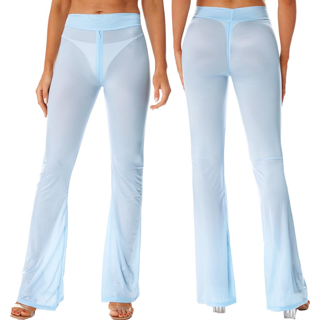 Halbdurchsichtige Hose für Damen mit hoher Taille, ausgestelltem Bein und weitem Bein, Schlaghose, Leggings für Workout, Yoga, Club, Tanzauftritt