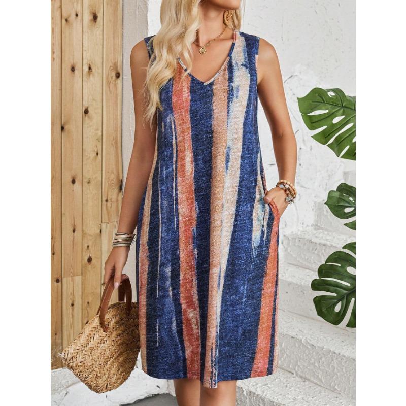 

Летнее платье с V-образным вырезом, повседневное полосатое платье без рукавов с цветными блоками XXL