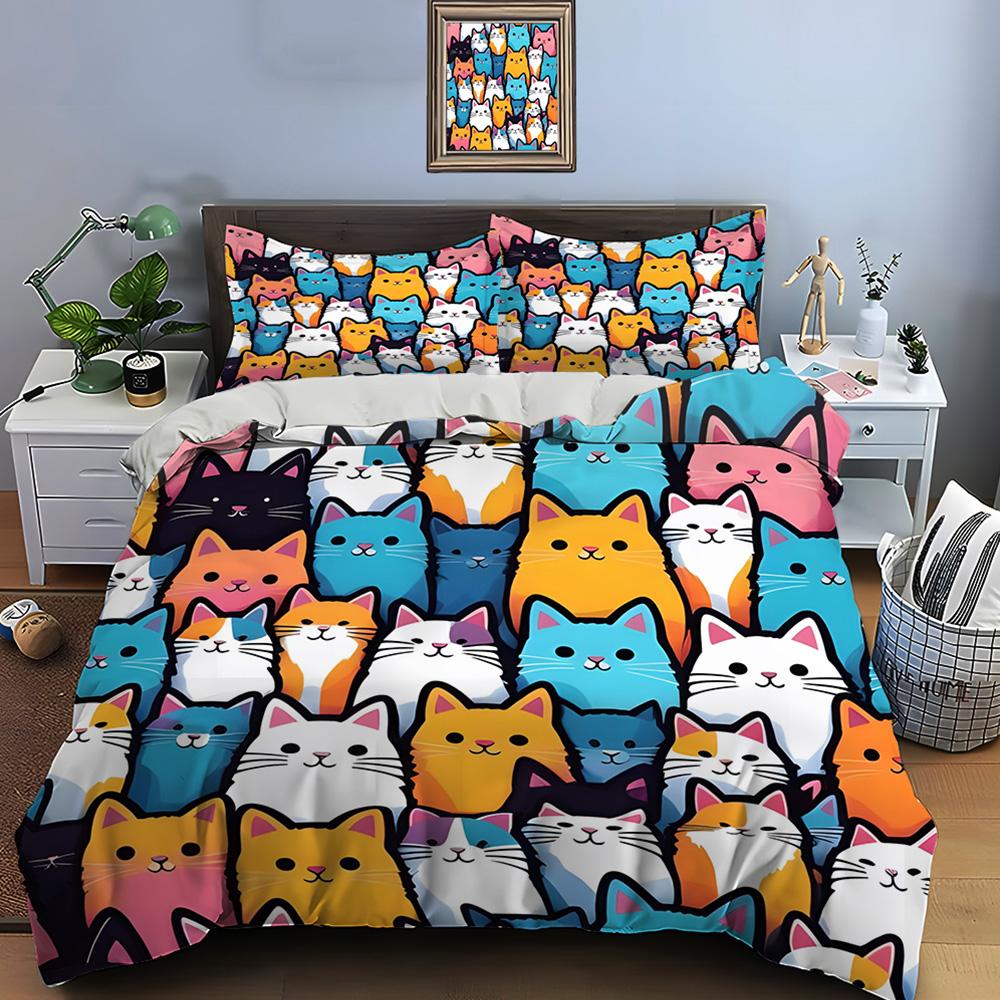 Cute Cartoon Cats Print Bedding Set Duvet Cover 1 Duvet Cover 2 Pillowcases Adult and Children Bedding Set Luxury Comforter Set