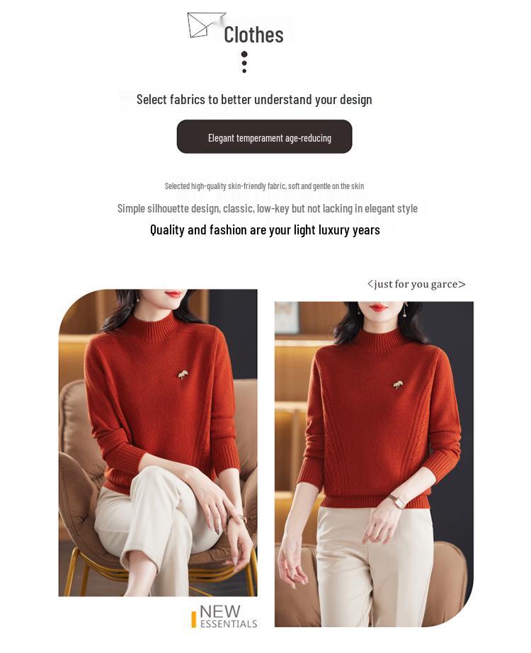 2024 Autumn/Winter Women's 100% Wool Loose Half-High Neck Knit Sweater