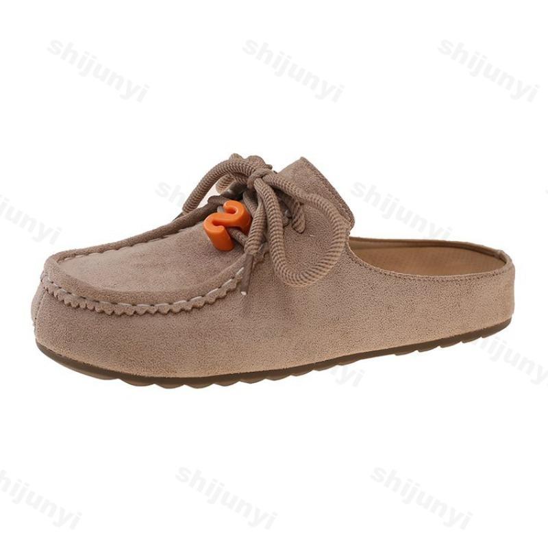 Vintage Women Half Slippers Autumn New Outdoor Height Increase Fashion Single Shoes Cross Tied  Slip on Comfortable Casual Flats