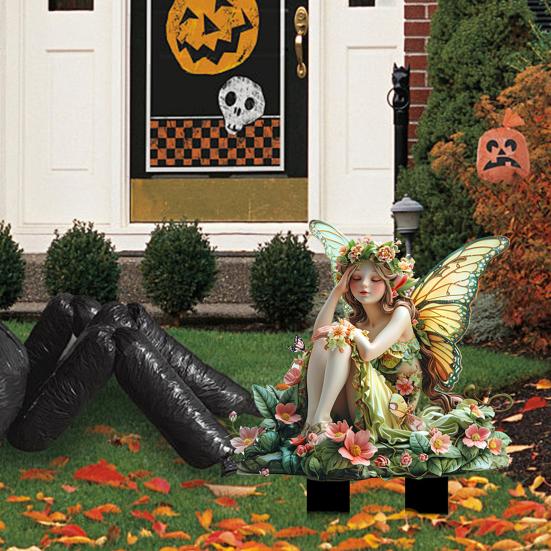 Flower Fairy Garden Stake, 2D Acrylic Fairy with Butterfly Wings Yard Art Stake, Waterproof Outdoor Fairy Tale Decoration for Yard Lawn Planter
