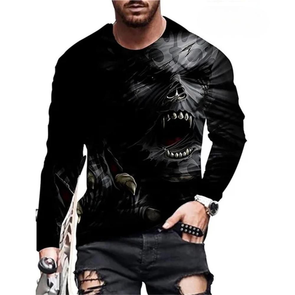 Skeleton 3D Digital Printed Men's Street Trendy Round Neck Long Sleeve T-shirt