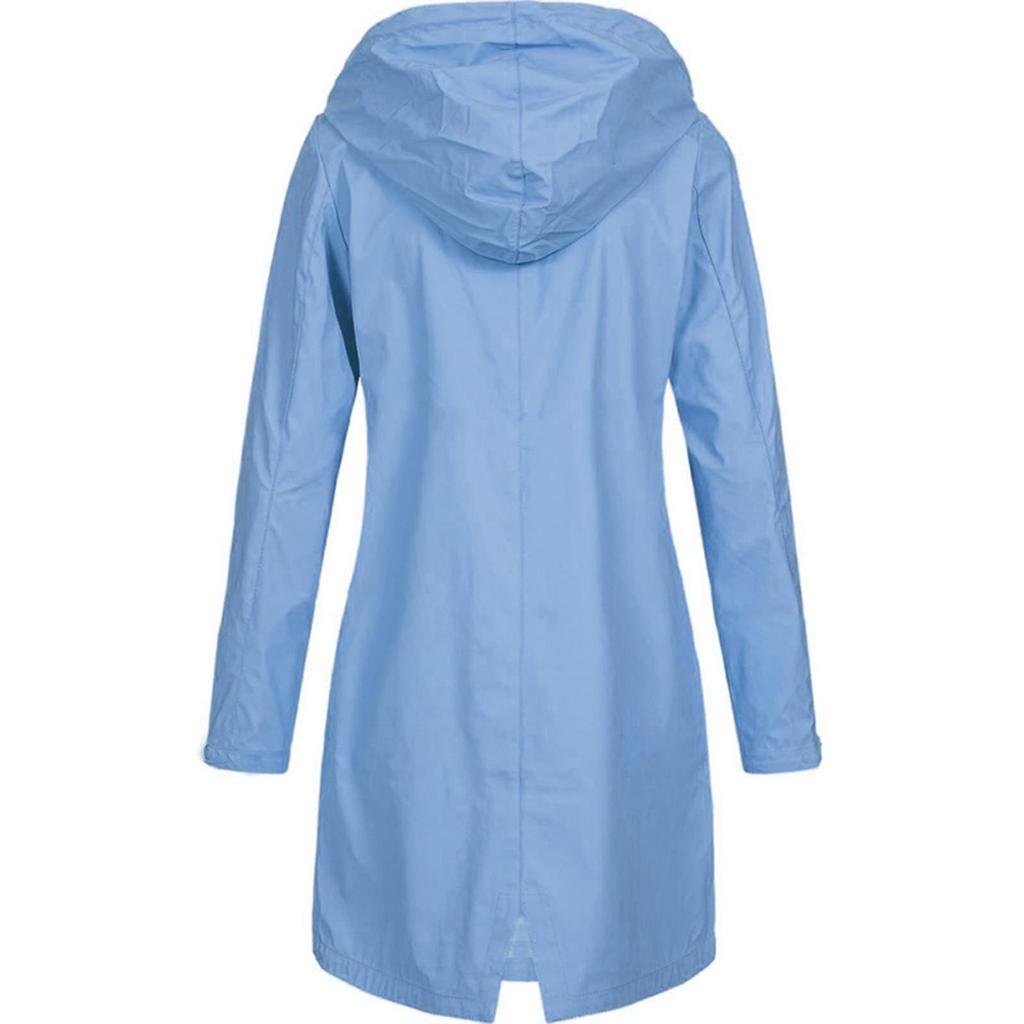 Women Solid Rain Outdoor Plus Size Hooded Raincoat Windproof Long Jacket Coat