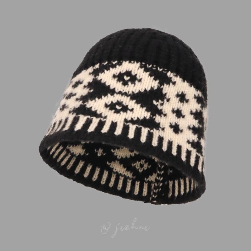 Vintage Karierter Damen Bucket Hat Winter Gestrickter Fischerhut Warmer Damen Glockenhut Hut mit Ohrenschutz Herbst und Winter Outdoor-Sport