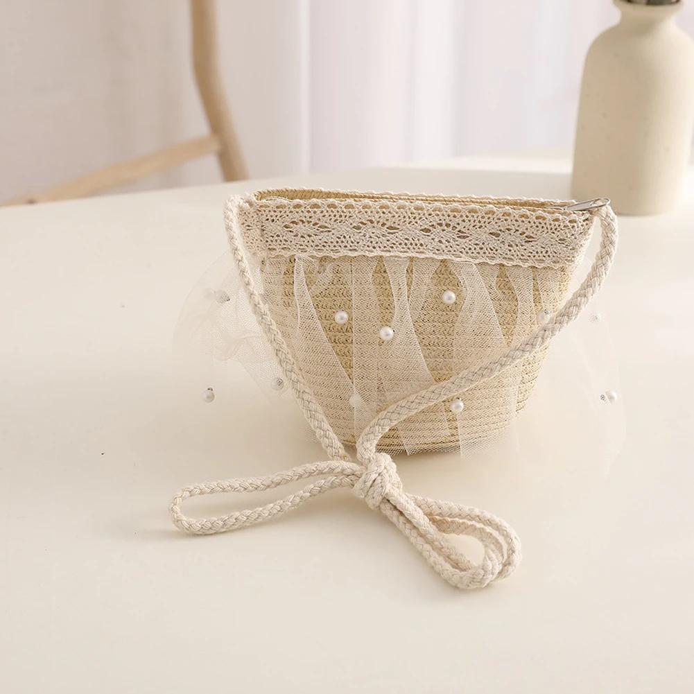 Elegant Summer Kids Straw Hat with Lace Wide Brim Cute Breathable Sun Hat Shoulder Bag for Girls Beach Outdoor Sunscreen