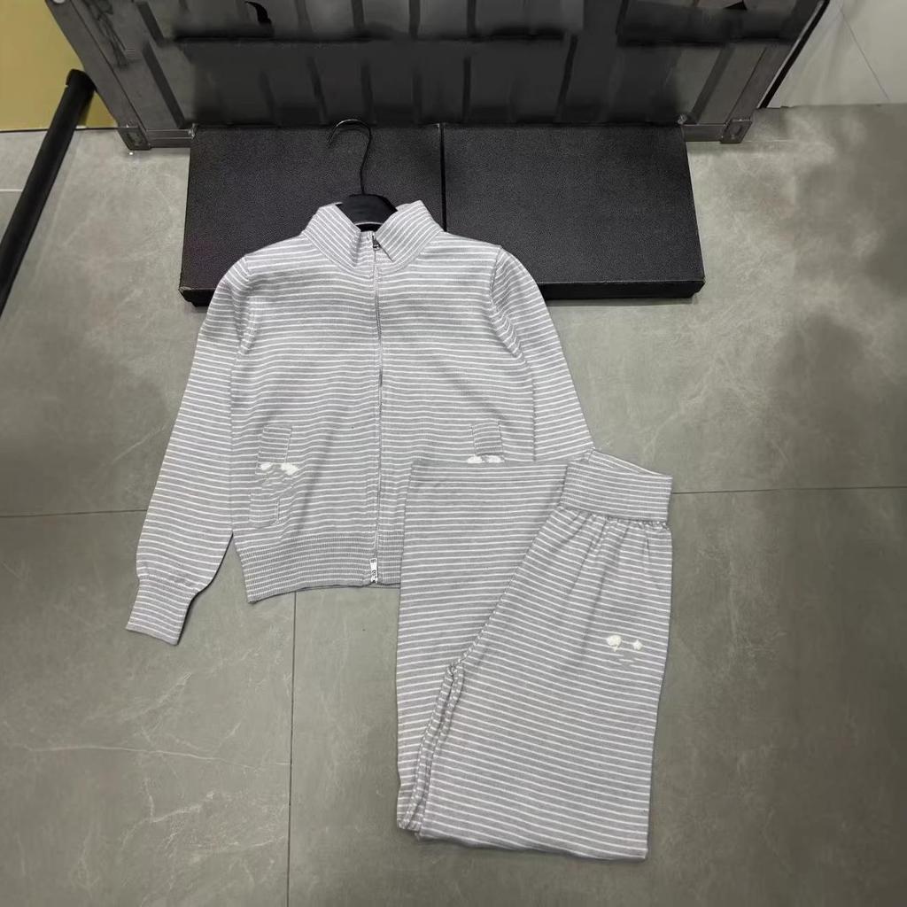 European Striped Zipper Knit Cardigan & Long Pants Two-Piece Set