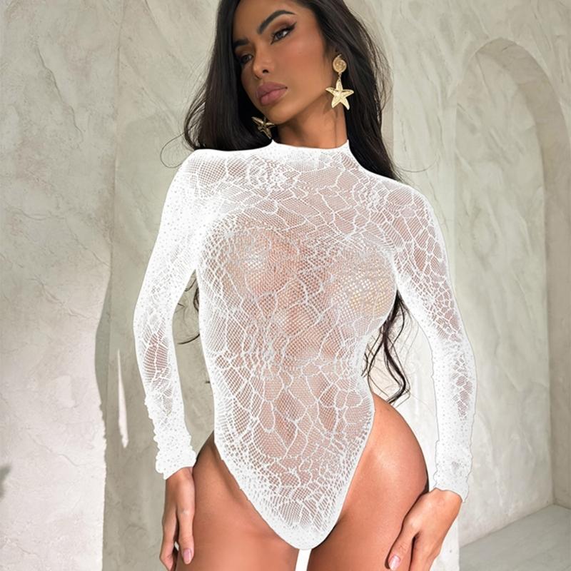 Women Sparkles Rhinestones Teddies Lingerie Long Sleeve Fishnet Bodysuit Top One Pieced Sheer Mesh Lingerie Rave Outfit
