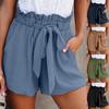 Women's High Waist Ruffle Elastic Drawstring Solid Color Wide Leg Shorts Casual Loose Summer Bermuda Shorts With Side Pockets