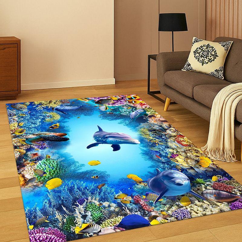 3D Illusion Underwater World Marine Life Shark Dolphin Cartoon Carpet Rug for Bedroom Living Room Sofa Doormat Kids Non-slip