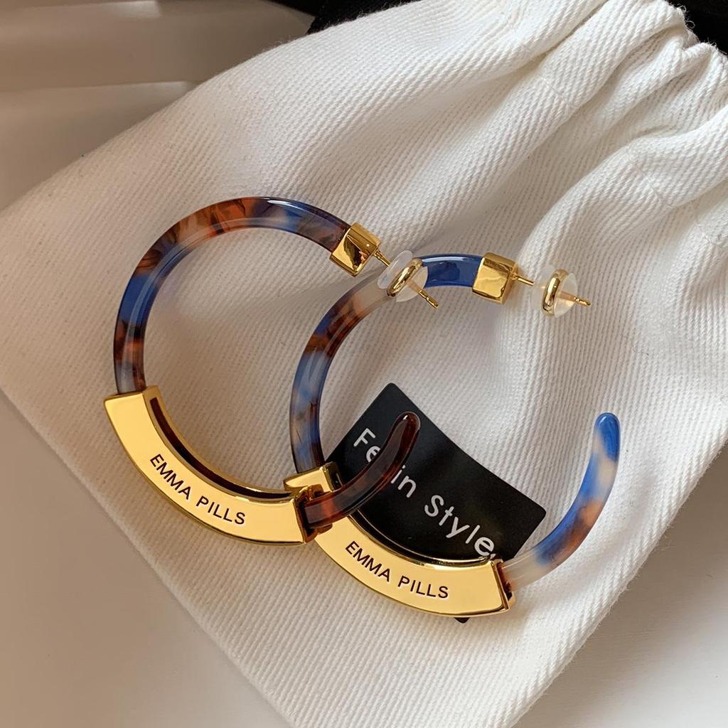 Leopard Print Tortoiseshell Large Hoop Earrings, 925 Silver, Women's Statement Jewelry