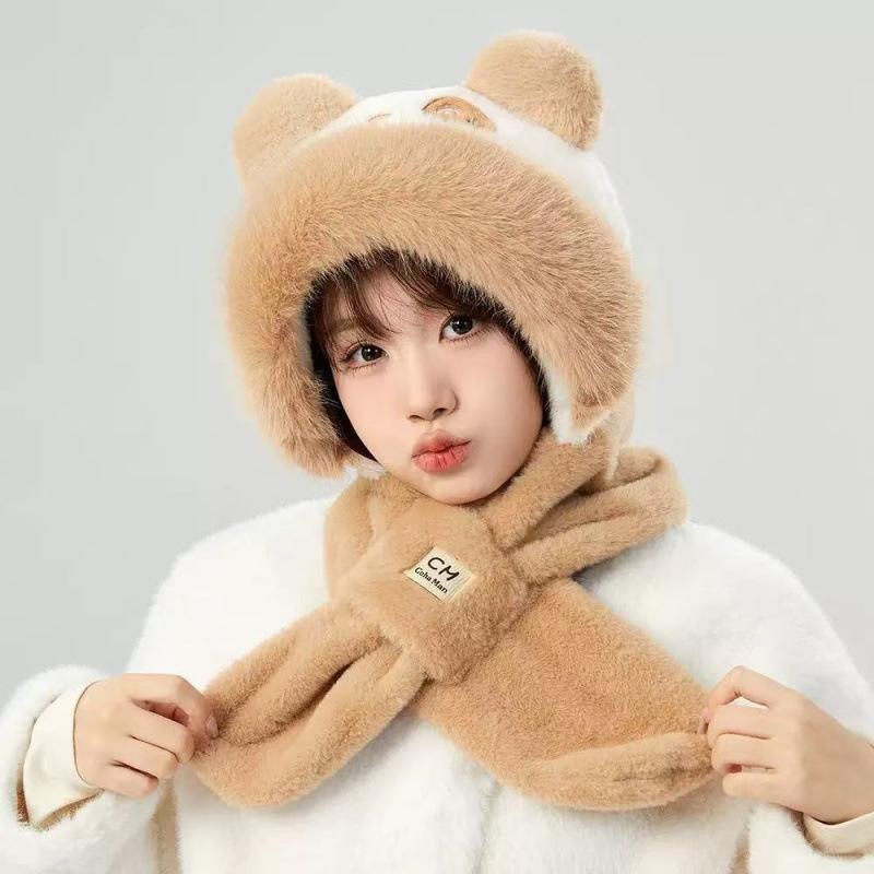 Bear Ear Plush Pullover Hat Women Cute Windproof Warm Knitted Beanie With Ear Protection хаки