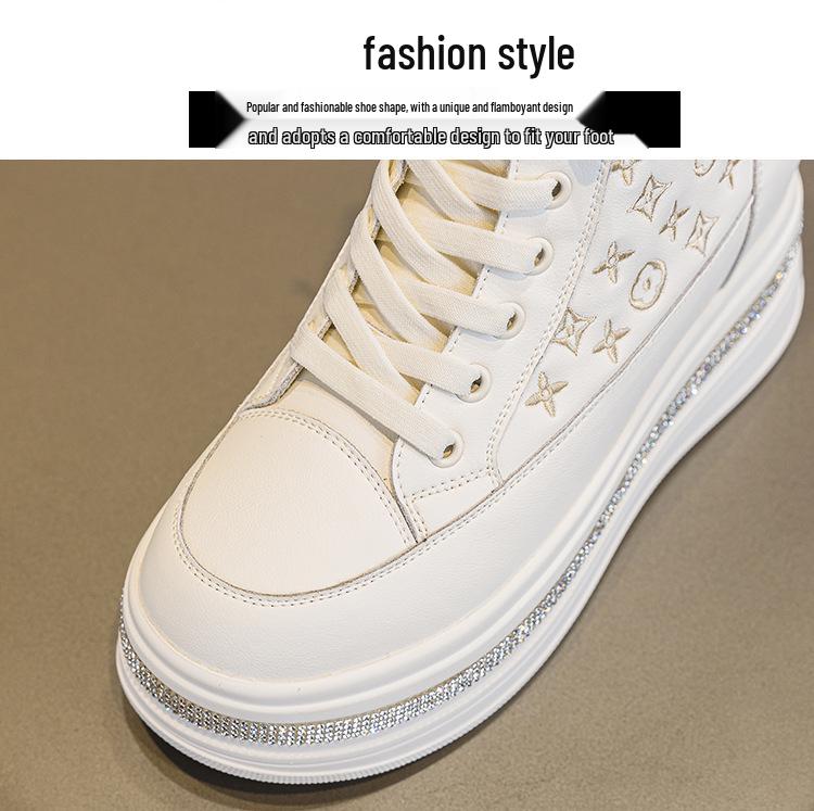Women's White Rhinestone Print Height-Boosting Platform Sneakers