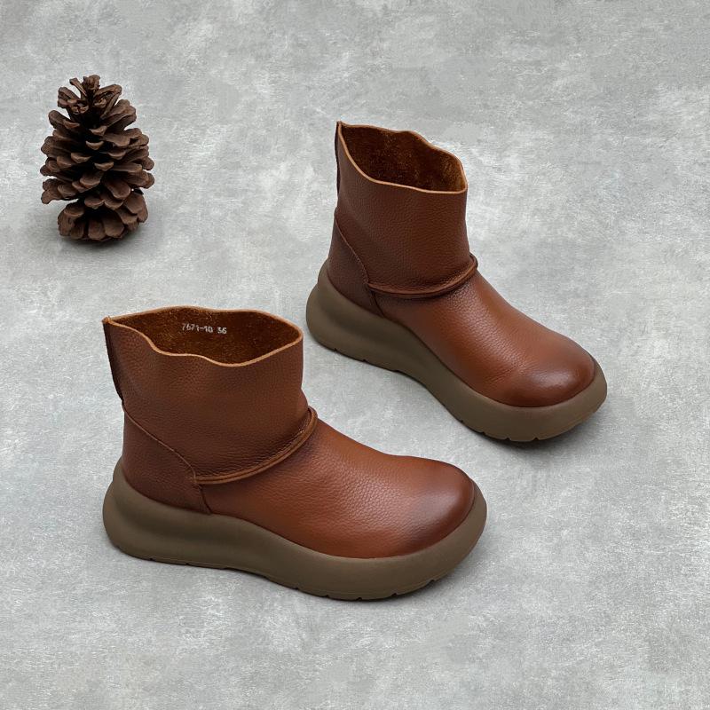 Women's Shoes: Thick-soled Anti-slip Women's Boots, Soft Leather Round-toe Casual Boots